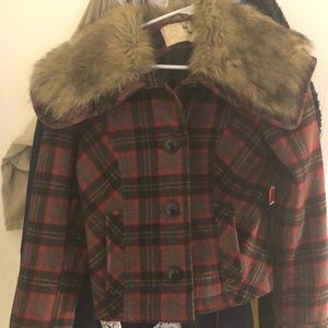 Red, gray and black fur jacket!